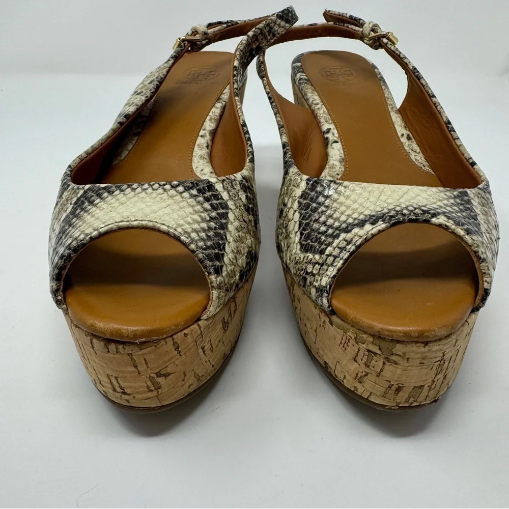 Tory Burch Rosalind Snakeskin Embossed Leather Cork Platform Wedge Sandals